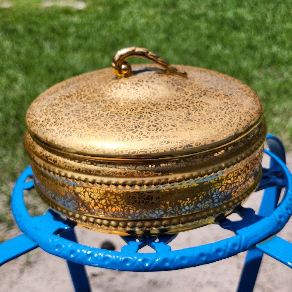 Vintage French Porcelain Trinket Jewelry Box 24K Gold Hand Decorated Crown Mark